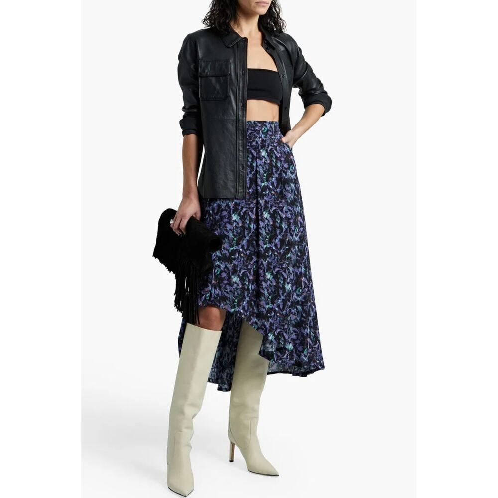IRO Paris Andye Skirt Size 34 Black Purple Abstract Asymmetric Draped Midi Maxi